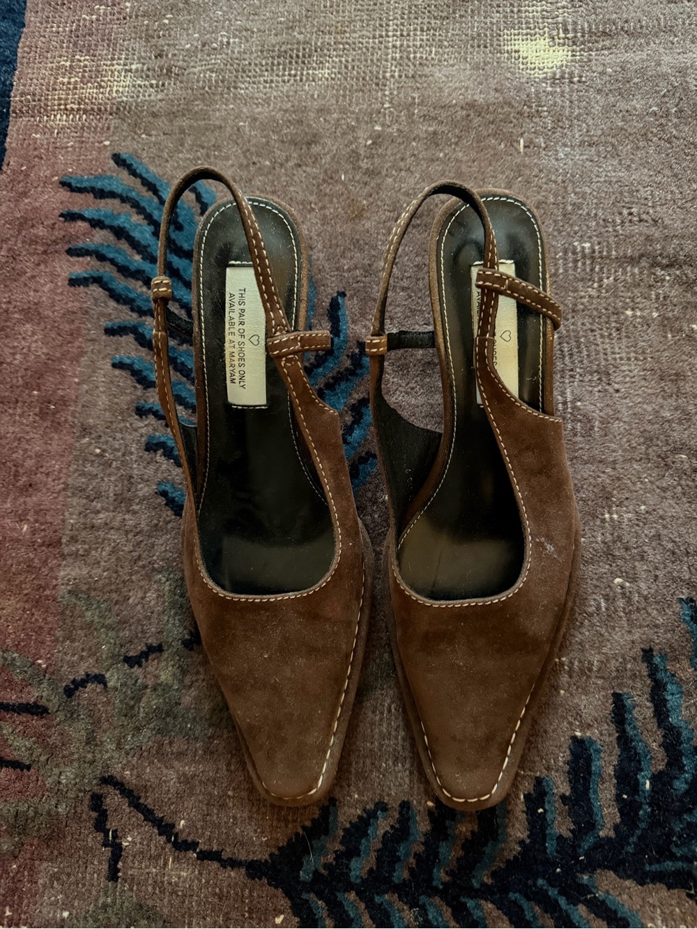 Peche Brown Suede Slingback Pointed-Toe Heels with Contrast Stitching